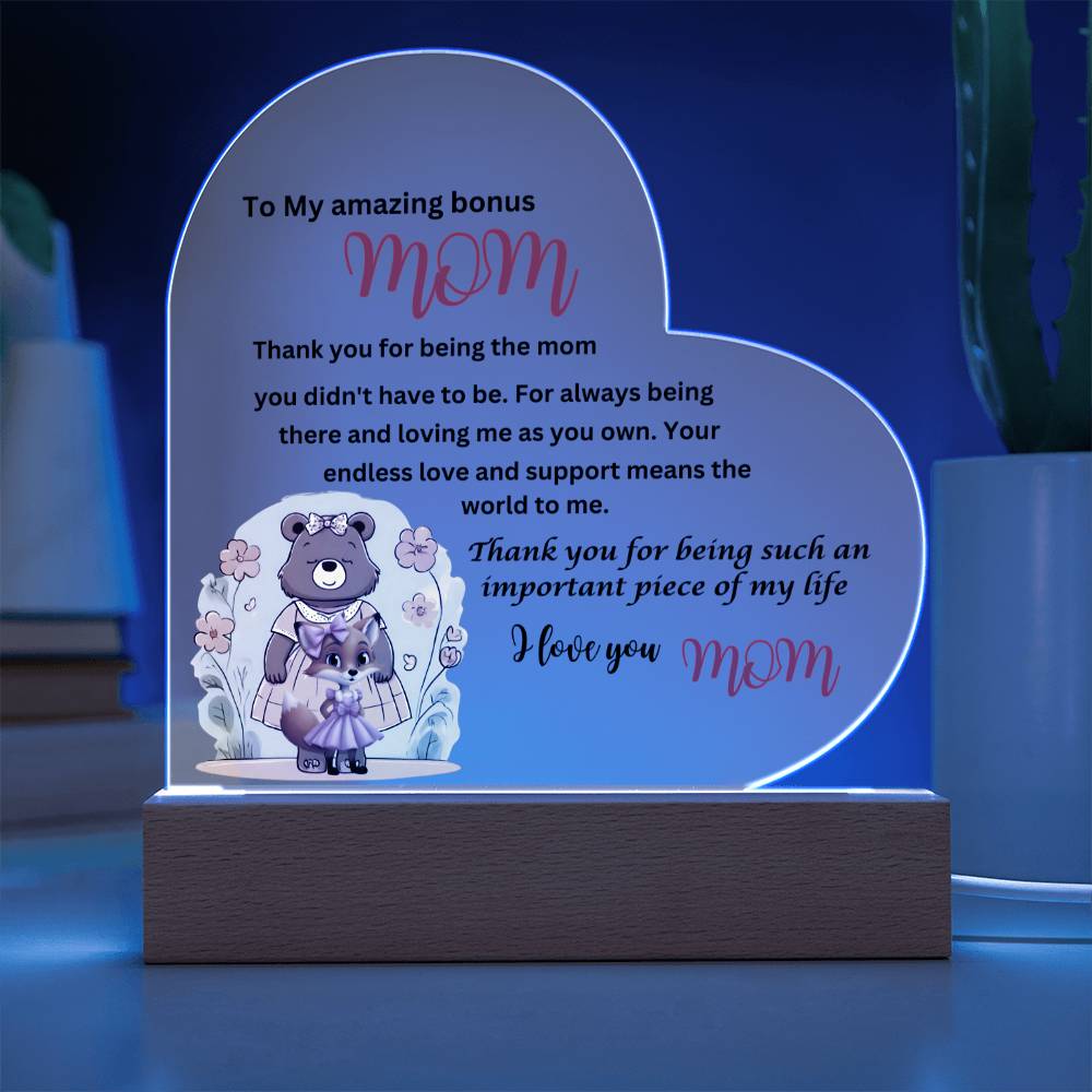 to my amazing bonus mom from daughter acrylic heart with wooden base