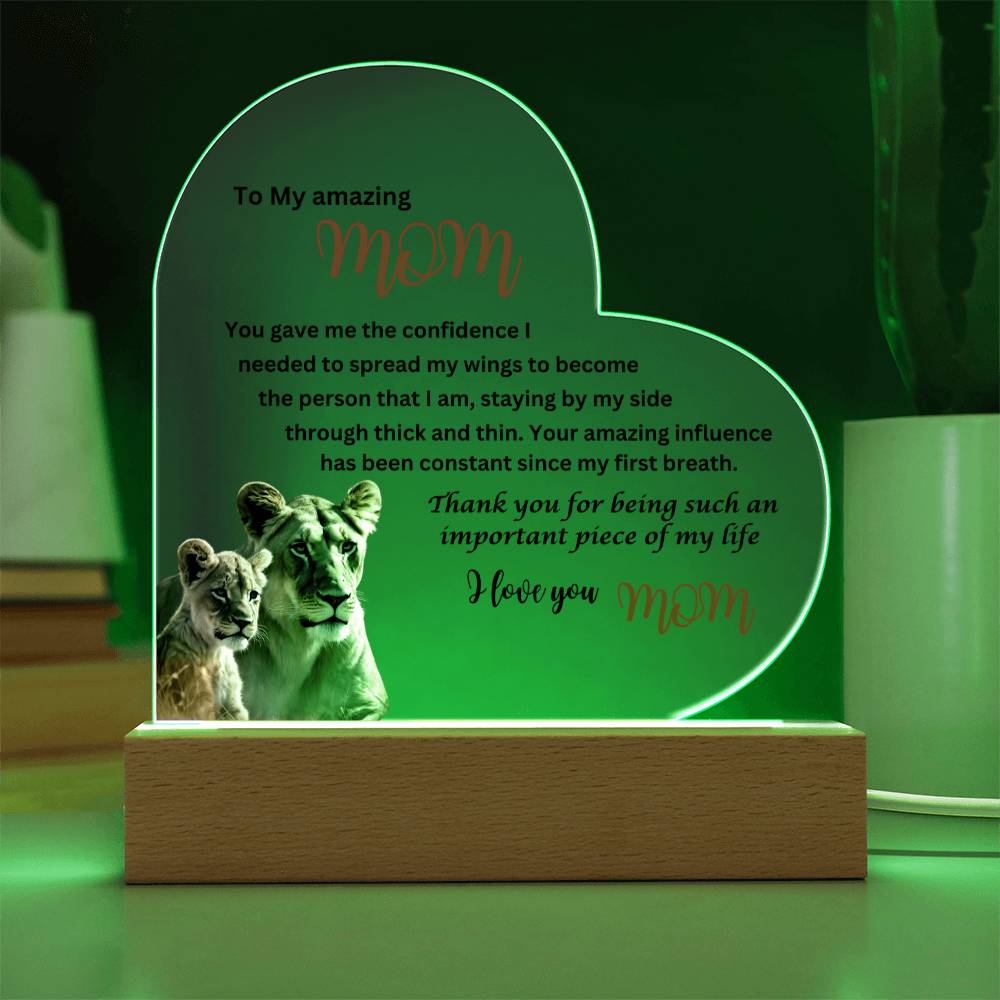 A To my amazing mom lions acrylic heart plaque with wooden base, perfect as a gift for Mom.