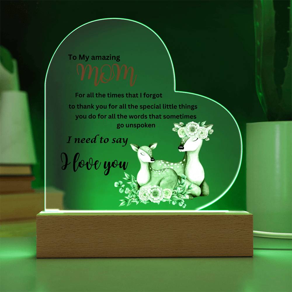 A heart-shaped To my amazing mom i need to say i love you deer acrylic heart plaque with wooden base - perfect gift for Mom.