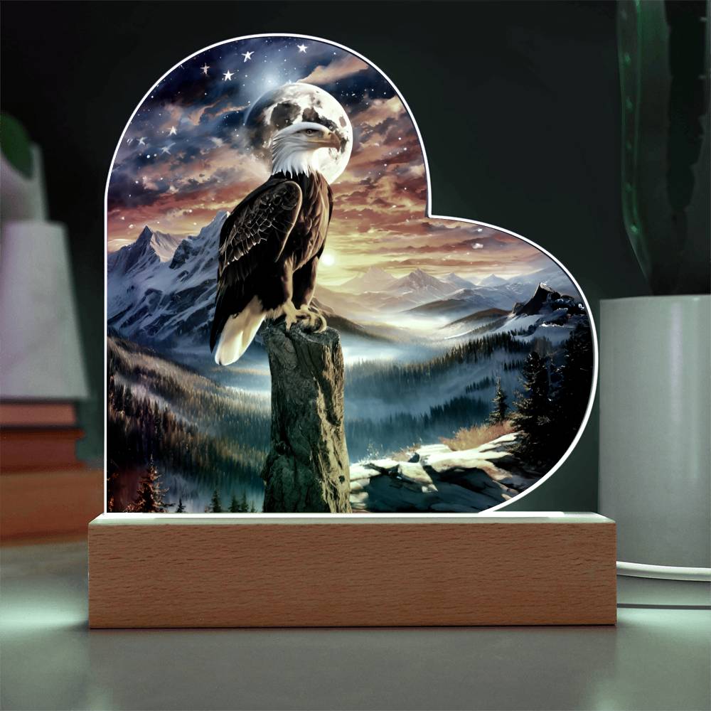 Acrylic heart Plaque- Unity's watch: a bald eagle's vigil beneath the stars and stripes