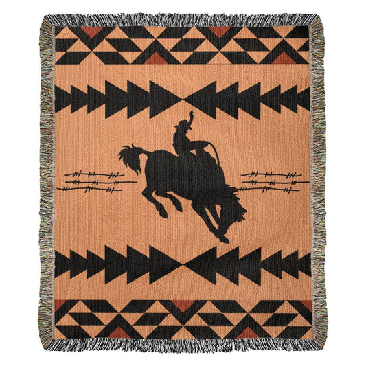 50x60 Heirloom Woven Blanket- southwestern bronc rider baredwire brown