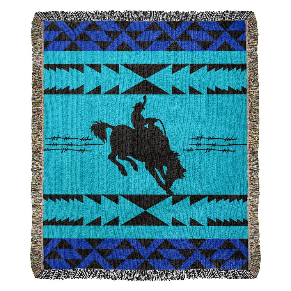 50x60 Heirloom Woven Blanket- southwestern bronc rider barbedwire blue