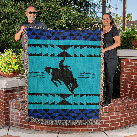 50x60 Heirloom Woven Blanket- southwestern bronc rider barbedwire blue