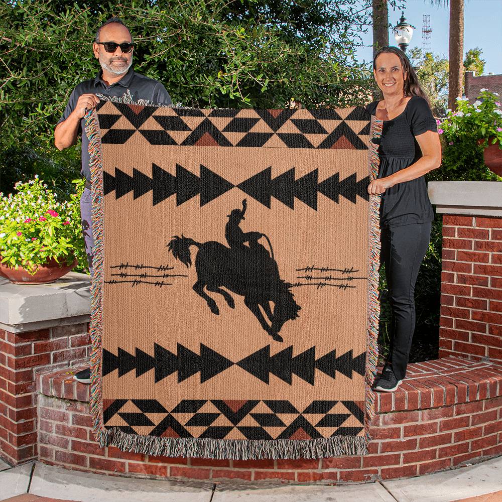 50x60 Heirloom Woven Blanket- southwestern bronc rider baredwire brown