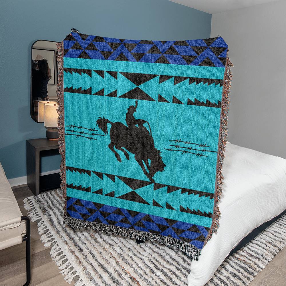 50x60 Heirloom Woven Blanket- southwestern bronc rider barbedwire blue