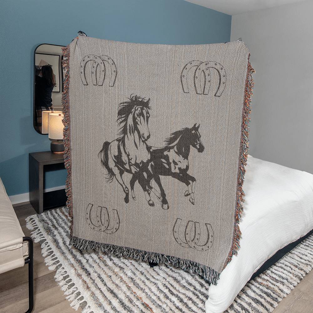 50x60 Heirloom Woven Blanket-2  horses grey