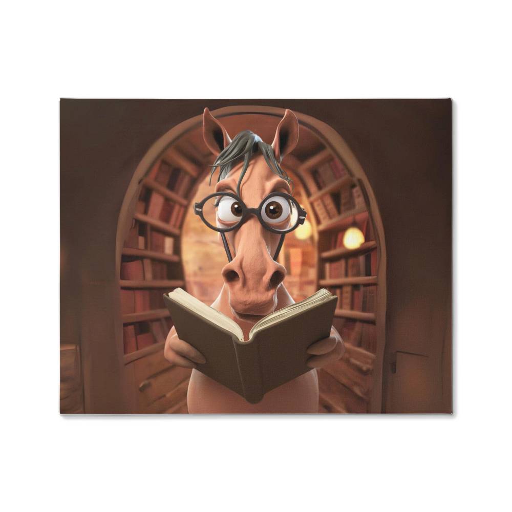 An animated horse with glasses reading a book in a "Unbridled Knowledge: The Rise of Literacy Programs for Horses" gallery wrapped canvas setting.