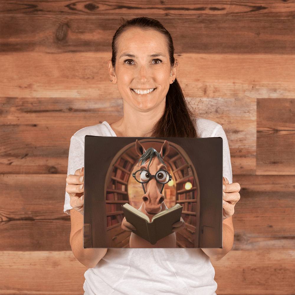 Woman holding a Gallery Wrapped Canvas (5:4)- Unbridled Knowledge: The Rise of Literacy Programs for Horses print of an animated horse character reading a book.