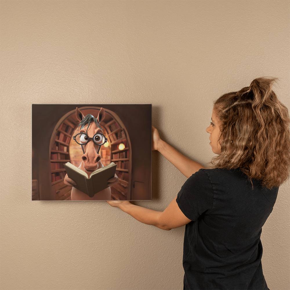 Woman hanging a Gallery Wrapped Canvas (5:4)- Unbridled Knowledge: The Rise of Literacy Programs for Horses with an illustration of an owl wearing glasses and reading a book.