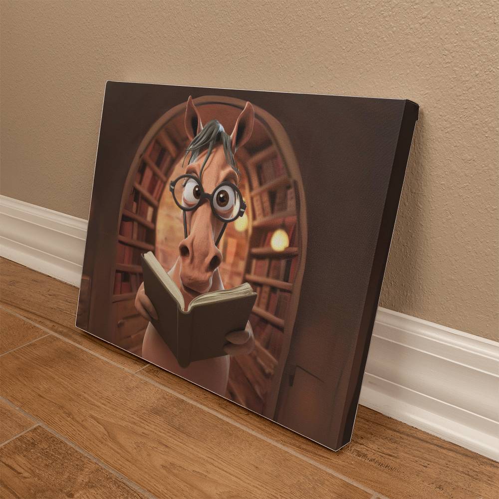 A Gallery Wrapped Canvas (5:4) leaning against a wall featuring an illustration of a cartoon horse wearing glasses and reading a book, rendered in high-pigmented ink.