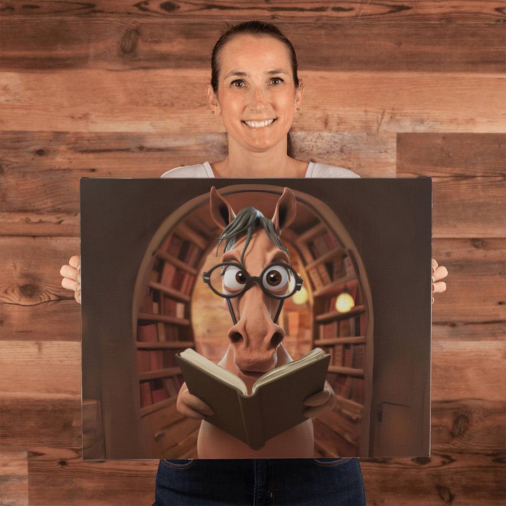 A woman smiling and holding the Gallery Wrapped Canvas (5:4)- Unbridled Knowledge: The Rise of Literacy Programs for Horses print of a cartoon horse wearing glasses and reading a book.