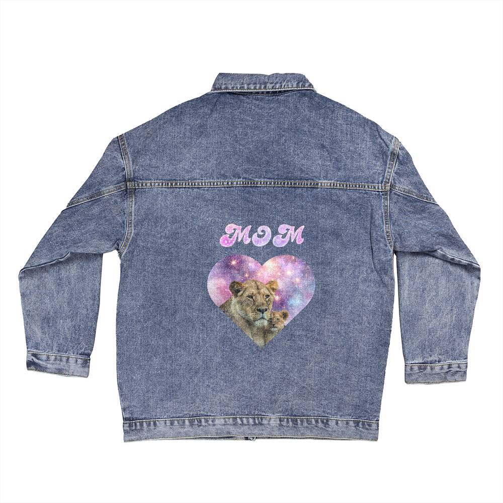 Oversized denim jacket, "Mom"  DTG printed above a Cosmos heart with lioness and her cub. Perfect Mother's Day gift!