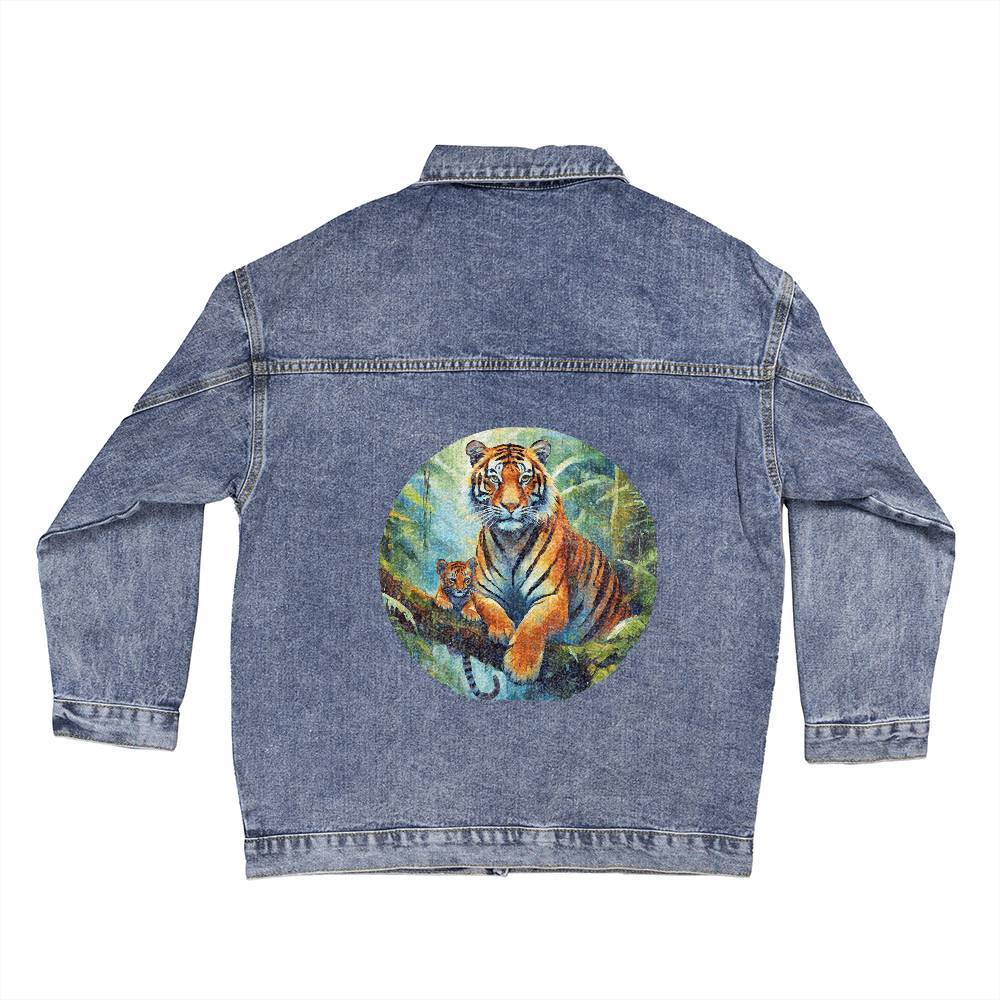 Oversized Women's DTG Denim Jacket- Monarch of the Jungle: A Tigress's Reign