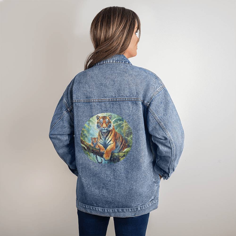 Oversized Women's DTG Denim Jacket- Monarch of the Jungle: A Tigress's Reign