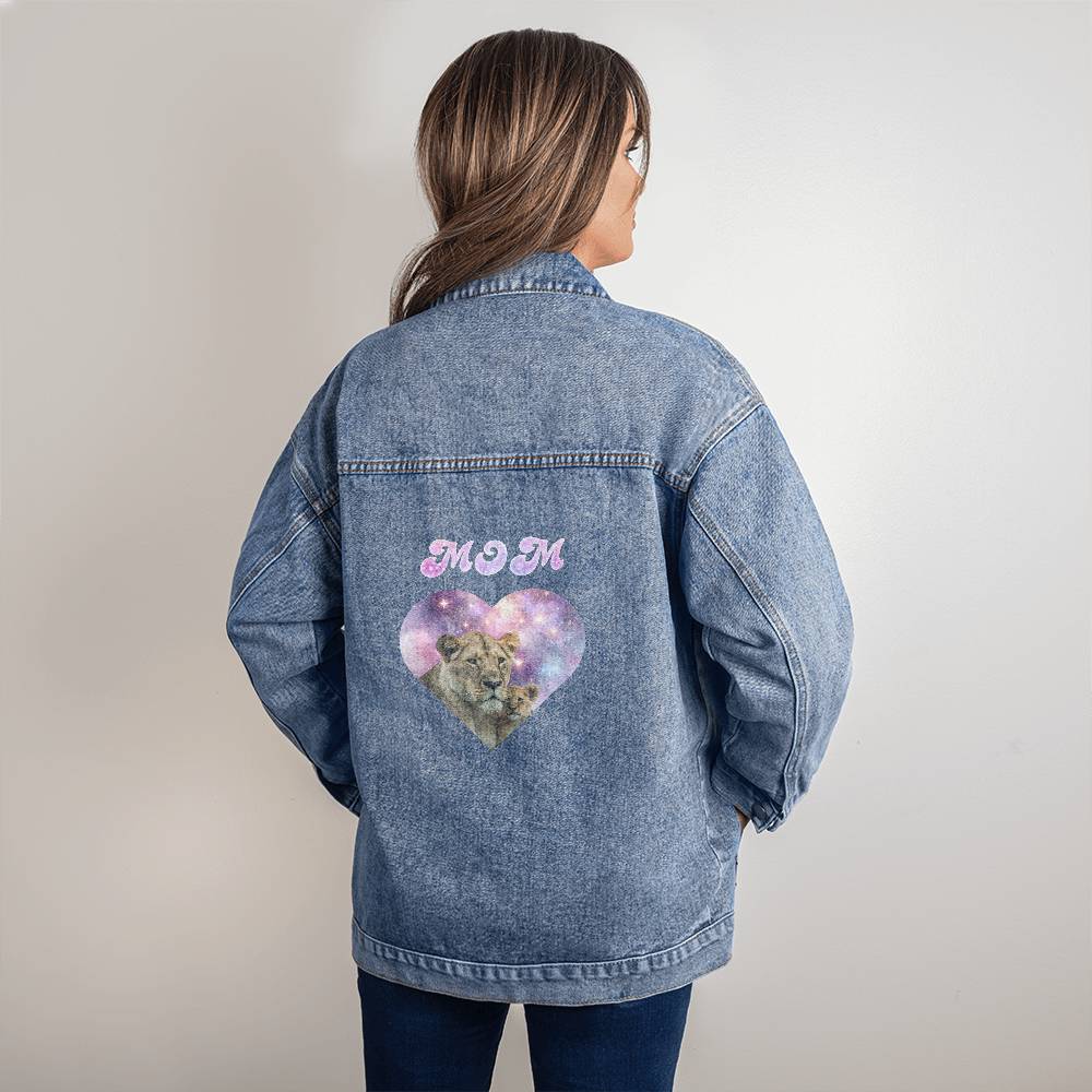 Denim jacket, DTG printed lion mom design: Lioness & cub inside a Cosmos heart. "Mom" printed above the heart. Unique Mother's Day gift