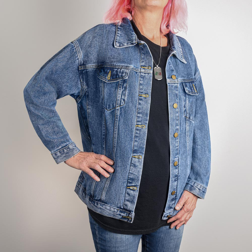 Oversized Women's DTG Denim Jacket- Heart of the Cosmos: Mom's Lioness Legacy