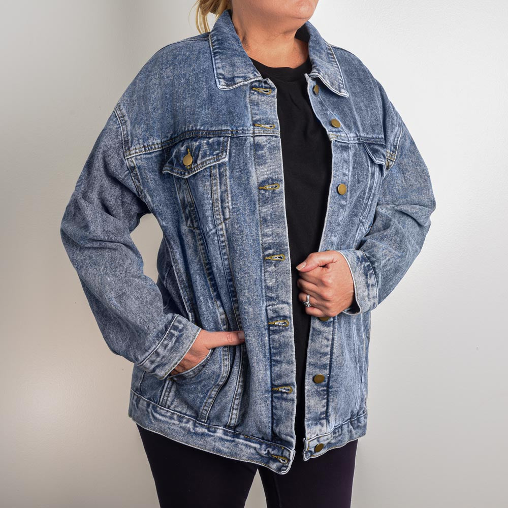 Oversized Women's DTG Denim Jacket- Heart of the Cosmos: Mom's Lioness Legacy