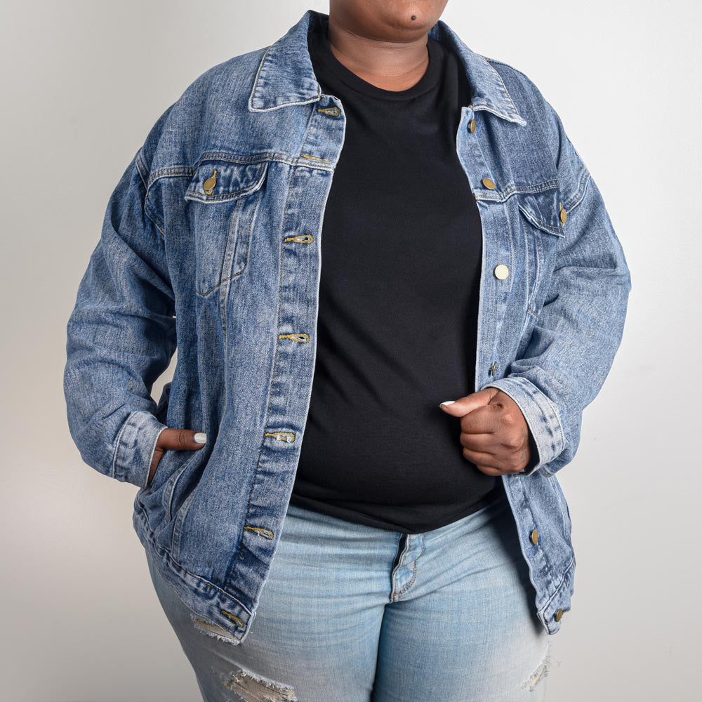 Oversized Women's DTG Denim Jacket- Heart of the Cosmos: Mom's Lioness Legacy