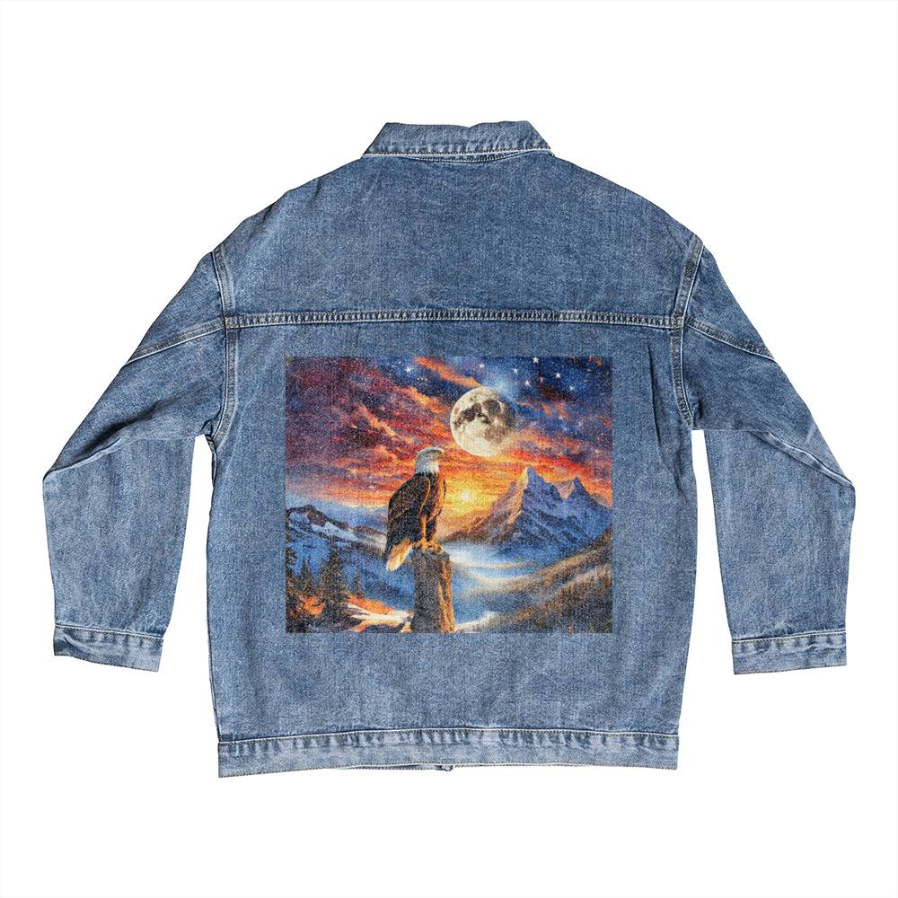 Men's DTG Denim Jacket- Unity's Watch: A Bald Eagle's Vigil Beneath the Stars and Stripes