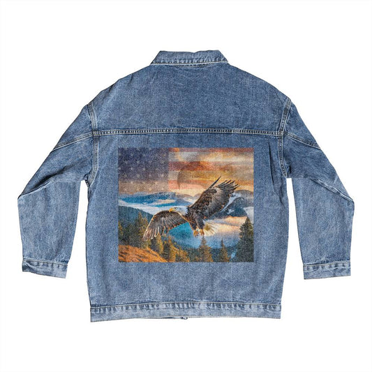 Men's DTG Denim Jacket- Eagle's Embrace: Sunset Symphony of Strength