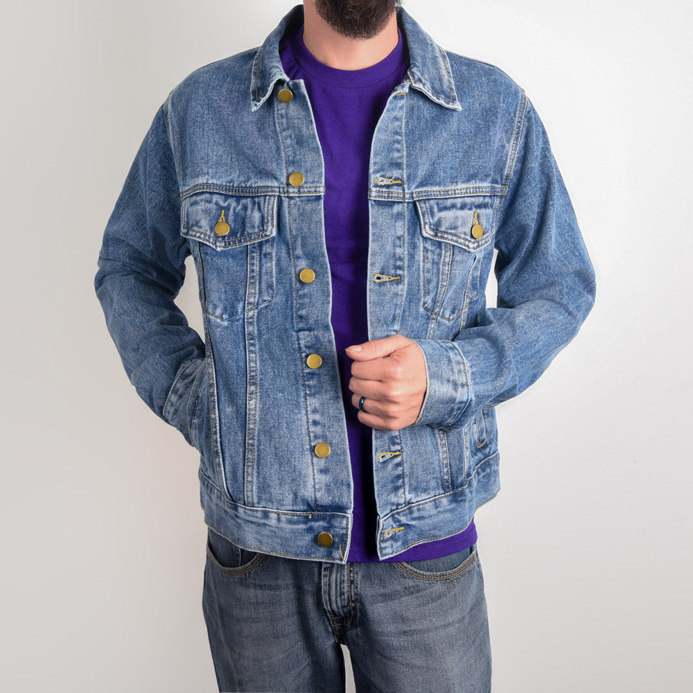 Men's DTG Denim Jacket- Unity's Watch: A Bald Eagle's Vigil Beneath the Stars and Stripes