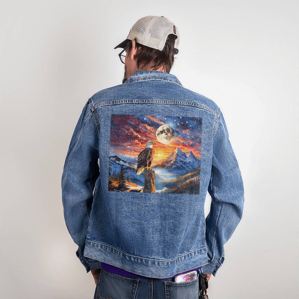 Men's DTG Denim Jacket- Unity's Watch: A Bald Eagle's Vigil Beneath the Stars and Stripes