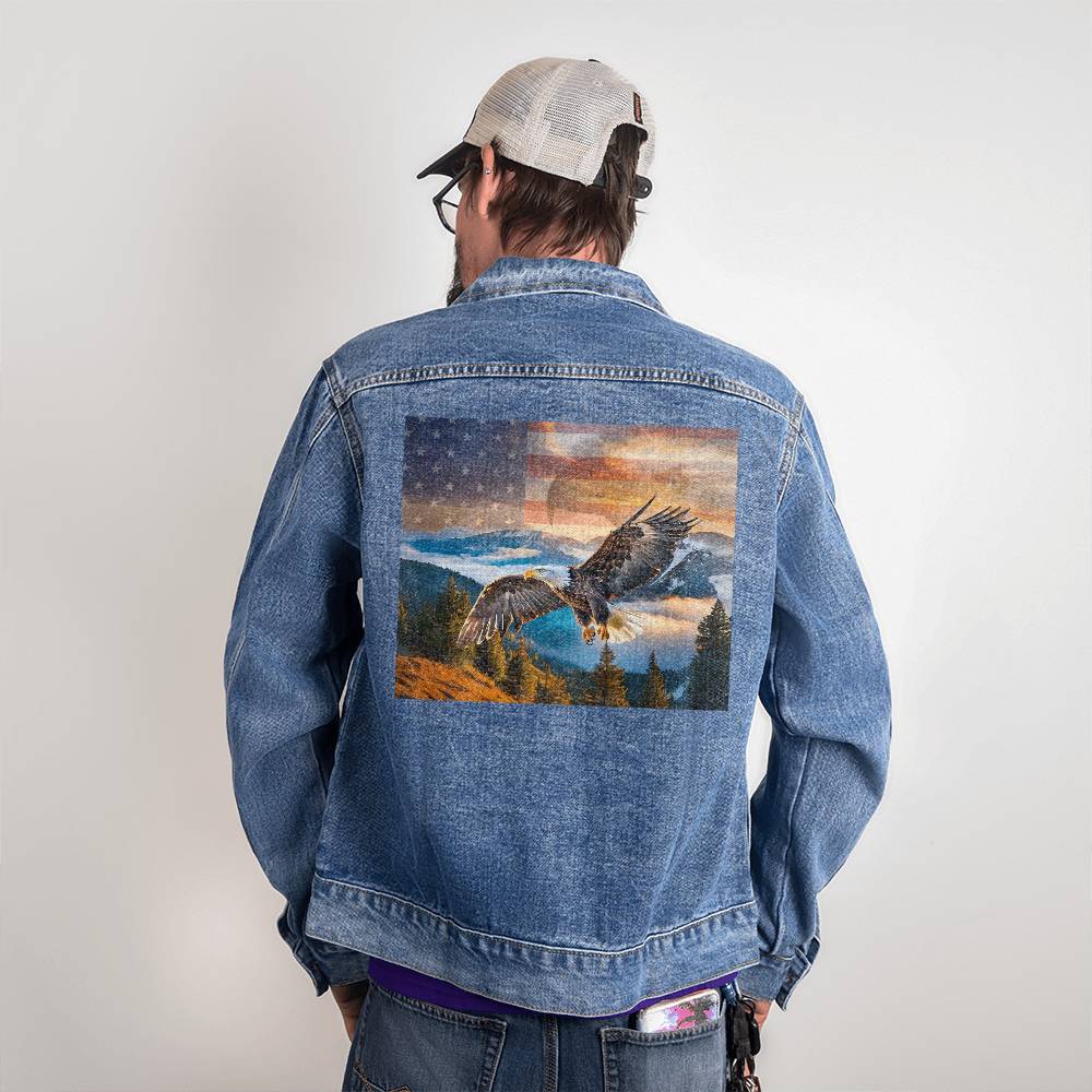 Men's DTG Denim Jacket- Eagle's Embrace: Sunset Symphony of Strength