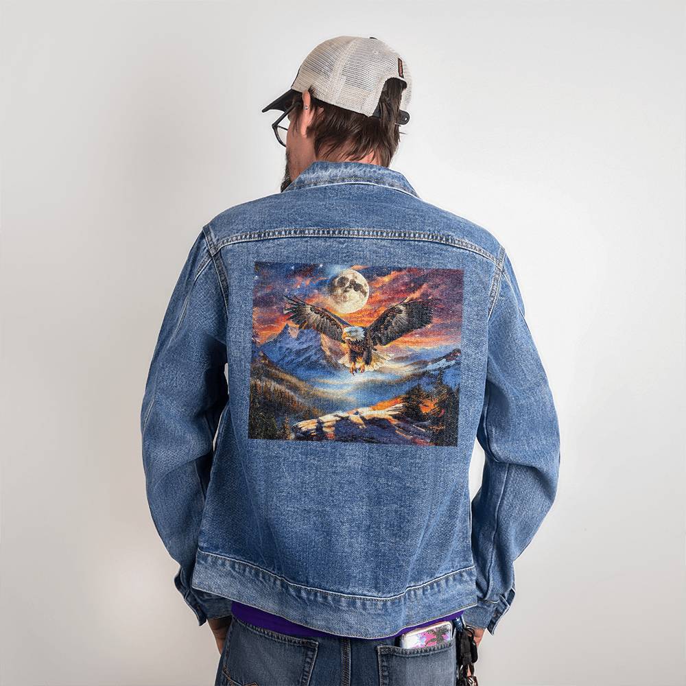 Men's DTG Denim Jacket- Stars, Stripes, and Soaring Spirit: A Bald Eagle's Tribute