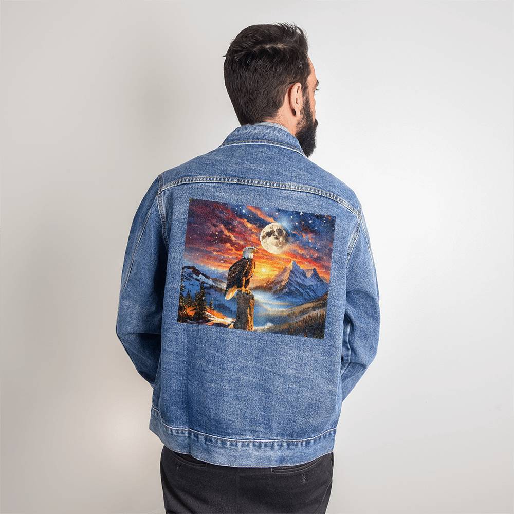 Men's DTG Denim Jacket- Unity's Watch: A Bald Eagle's Vigil Beneath the Stars and Stripes