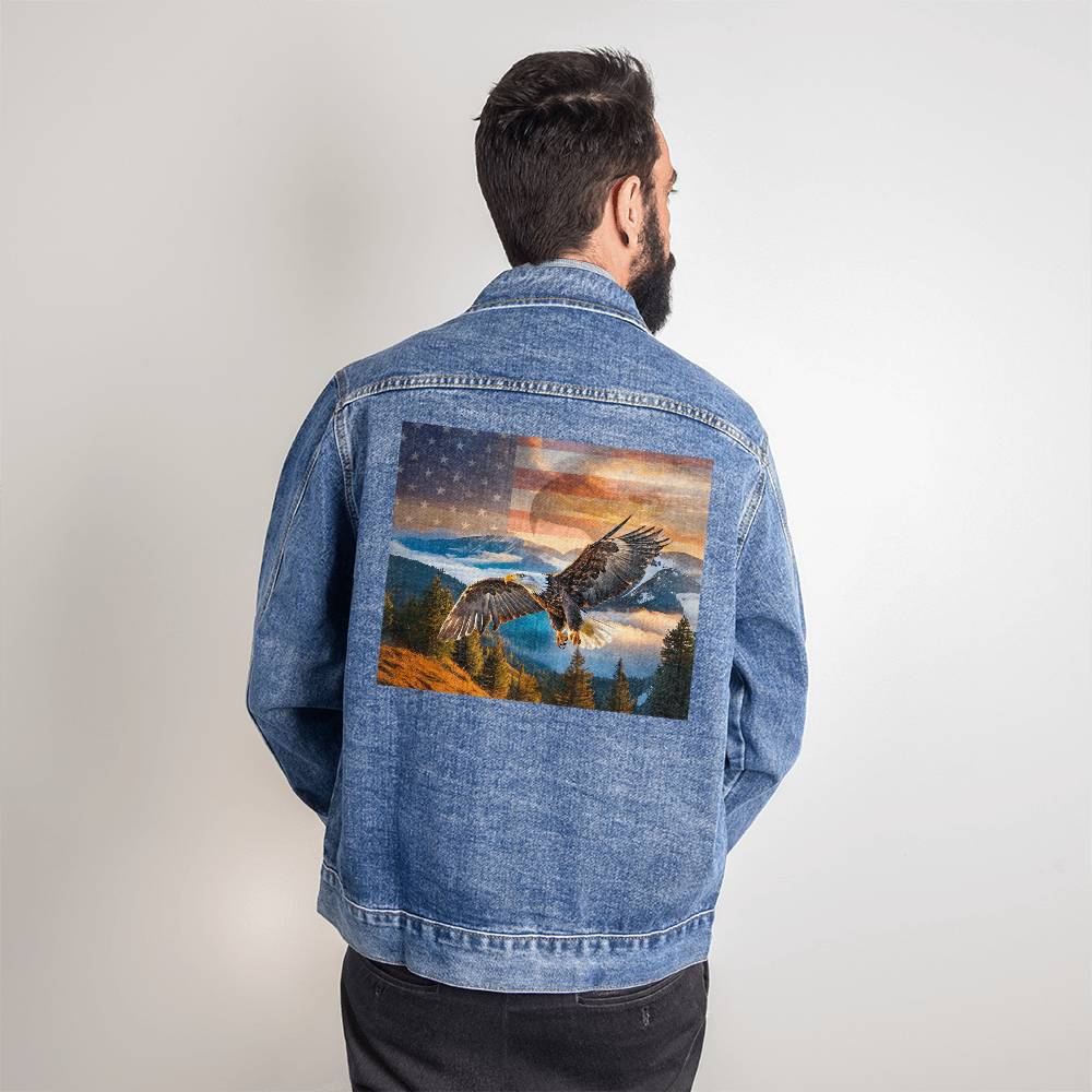 Men's DTG Denim Jacket- Eagle's Embrace: Sunset Symphony of Strength