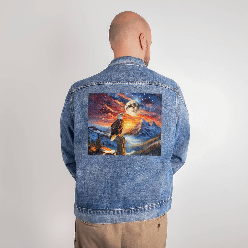 Men's DTG Denim Jacket- Unity's Watch: A Bald Eagle's Vigil Beneath the Stars and Stripes