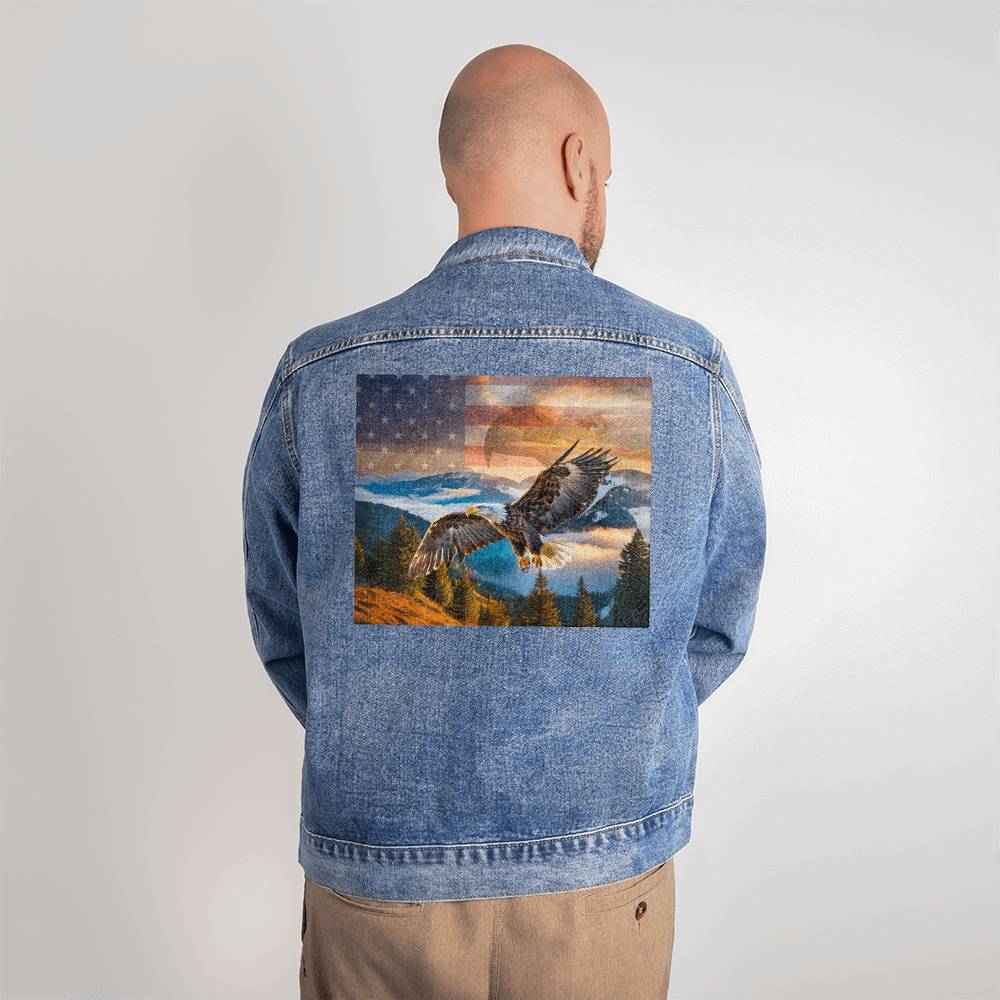 Men's DTG Denim Jacket- Eagle's Embrace: Sunset Symphony of Strength