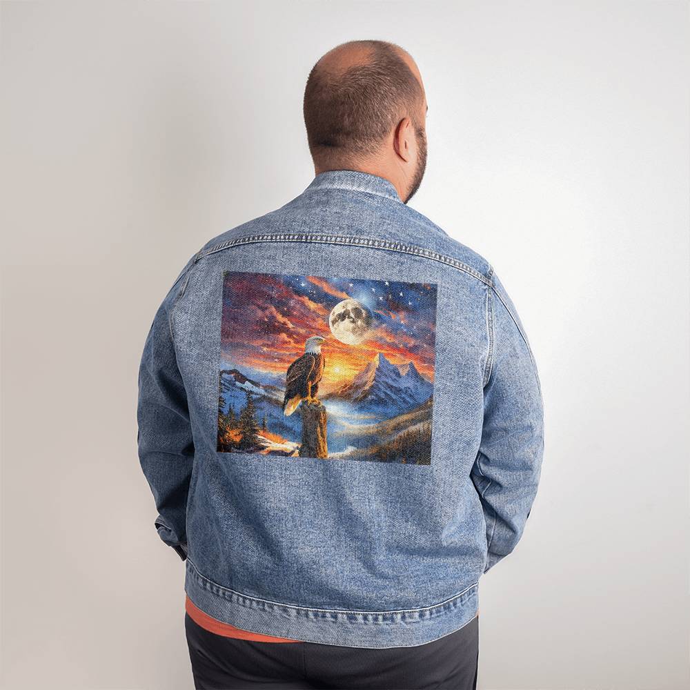 Men's DTG Denim Jacket- Unity's Watch: A Bald Eagle's Vigil Beneath the Stars and Stripes