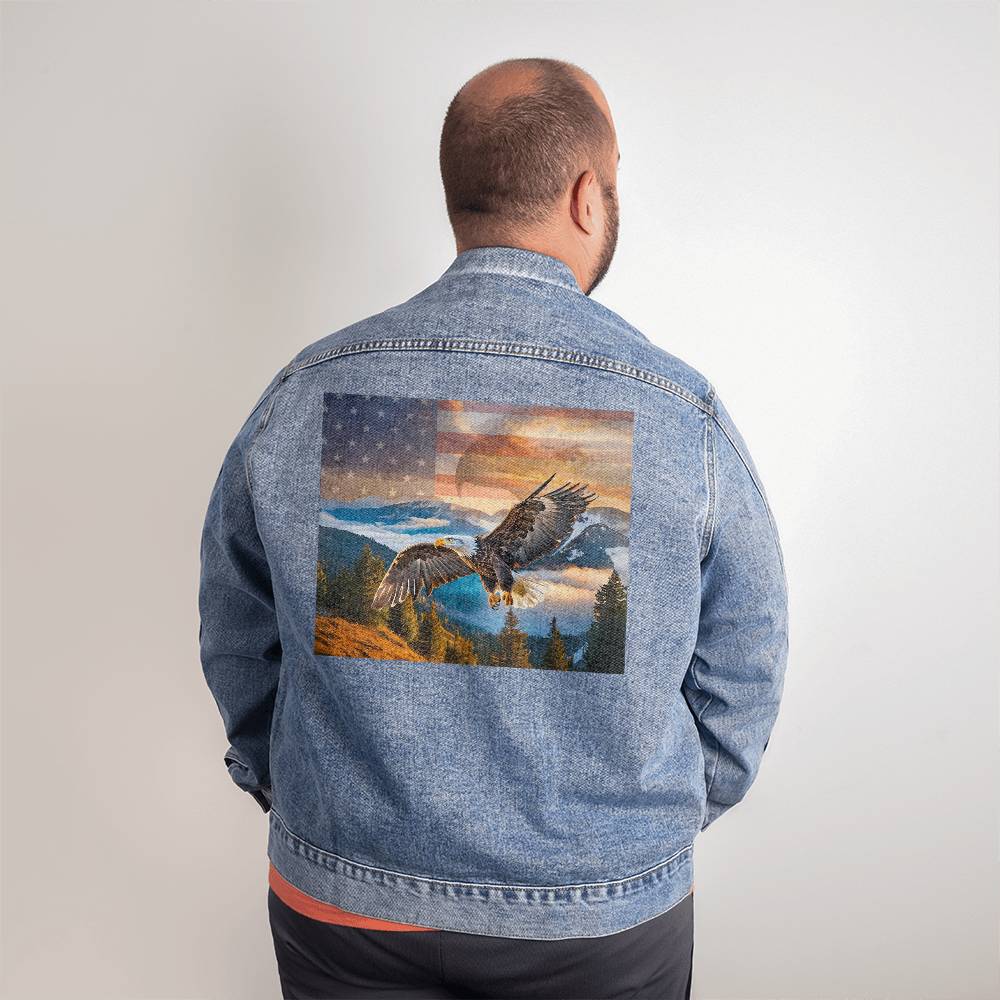 Men's DTG Denim Jacket- Eagle's Embrace: Sunset Symphony of Strength