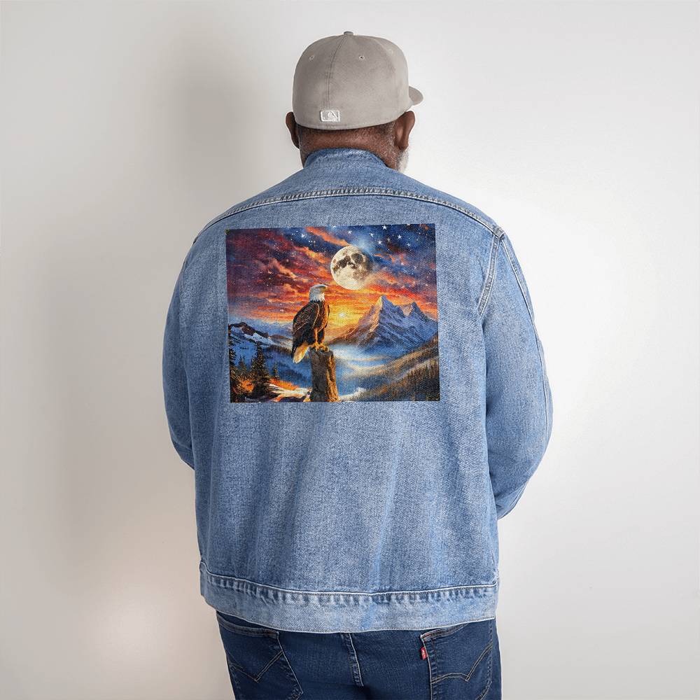 Men's DTG Denim Jacket- Unity's Watch: A Bald Eagle's Vigil Beneath the Stars and Stripes