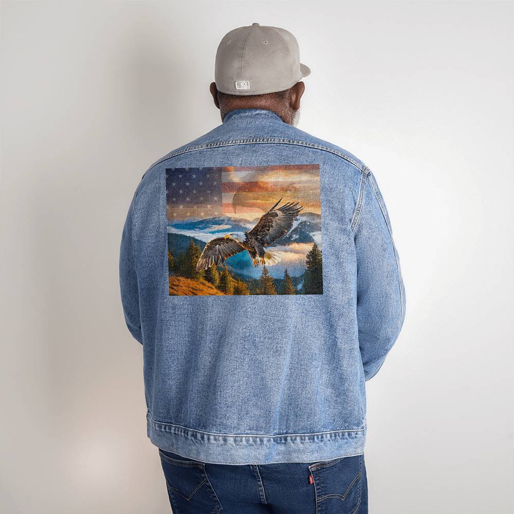 Men's DTG Denim Jacket- Eagle's Embrace: Sunset Symphony of Strength