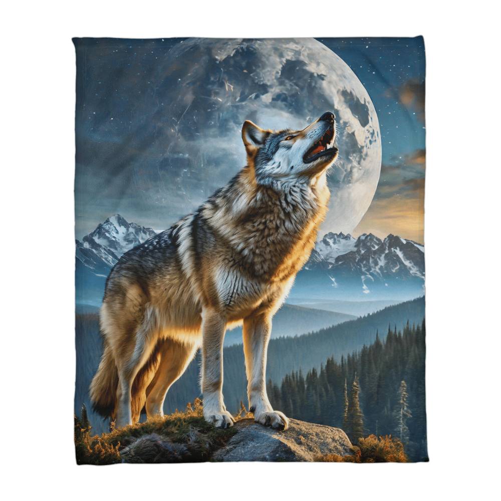 Coral Fleece Blanke- silent serenade: the lone wolf's call to kin