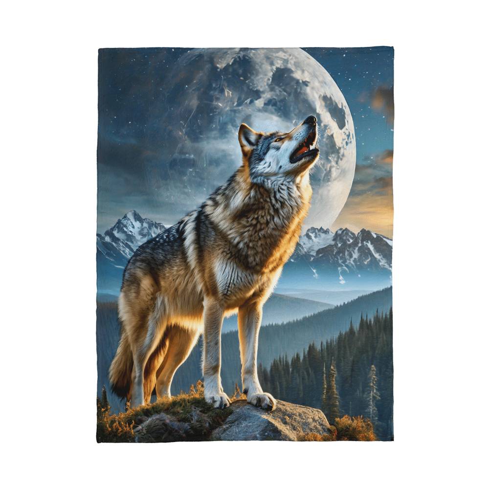 Coral Fleece Blanke- silent serenade: the lone wolf's call to kin