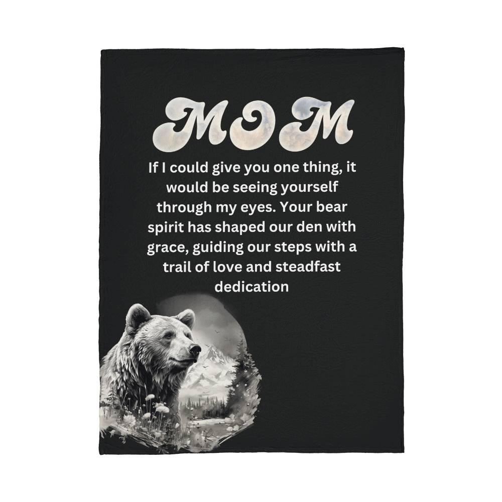 Coral Fleece Blanket- Guardian of Love: Embracing Mom's Bear Spirit with "mom" inscribed in white, perfect for Mother's Day, accompanied by a heartfelt message and an illustration of a bear within a forest scene.