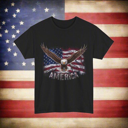 A classic fit black T-shirt featuring an eagle with outspread wings flying in front of an American flag, with "America" written below. Made from sustainably sourced US cotton, it proudly showcases the Unisex Heavy Cotton Tee - AMERICA - FLAG AND EAGLE design.